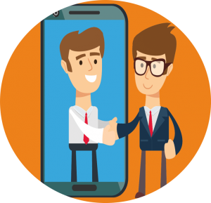 clipart image of man coming outof black mobile phone shaking hands with an outside man for a blog on warm and cold calling differences