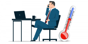 clipart image of man at a desk, legs crossed, on a mobile call with a cup on desk, in the side background is a thermometre with the gauge slowly warming up, red from blue for blog on warming up cold calling techniques